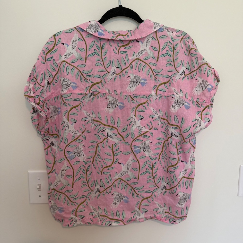 Cynthia Rowley Pink 100% Linen Bird Print Short Sleeve Button Up Blouse Large - Picture 2 of 3
